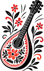 Mandolin Folk Art Floral Music Instrument Vector