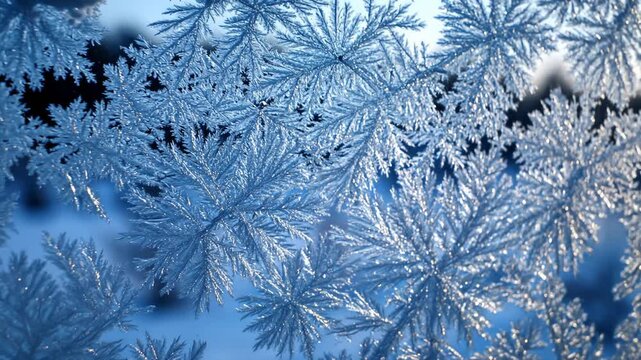 Close Up of Frost Forming Delicate Patterns on Glass Window