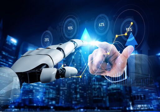 A futuristic scene illustrates a hand of a robot reaching out to touch a human finger, symbolizing the merging of technology and humanity in a data-driven world. Scalp - Powered by Adobe