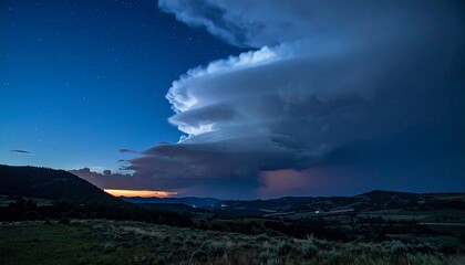 storm clouds rotating slowly above a silent valley, minimalist night scene