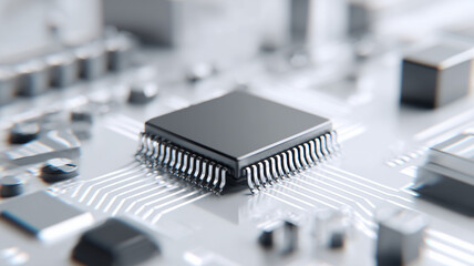 A microchip mounted on a light circuit board to illustrate electronic architecture computational processes and modern hardware innovation.
