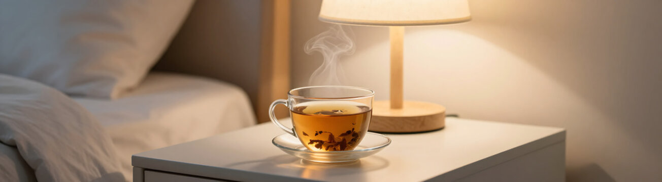 serene steaming cup herbal tea minimalist bedside table illuminated warm glow soft bedside lamp