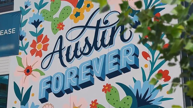 Austin Texas "Forever" Sign with Bright Colors and Trees