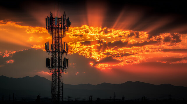 A telecommunications tower silhouetted against a dramatic sky representing signal distribution, wireless infrastructure, and modern communication systems.
