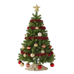 Fototapeta premium Fully Decorated Christmas Tree with Ornaments and Gold Star Topper Isolated isolated on transparent background