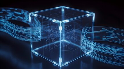 High-tech 3D glass cube with glowing electric blue circuit patterns in a dark digital space – Perfect for quantum computing, virtual reality, or IT infrastructure materials.