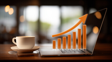 A laptop with an ascending bar chart representing positive business performance and the strengthening of financial outcomes over time.
