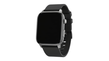A sleek smartwatch with a black band and silver frame on transparent background