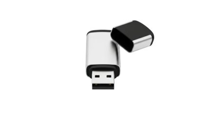 A sleek USB flash drive on transparent background for data storage and transfer needs