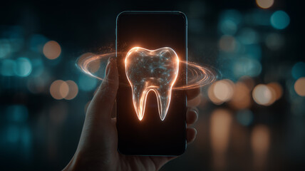A digital tooth hologram displayed through a mobile device symbolizing modern dentistry remote diagnostics and advanced oral technology.
