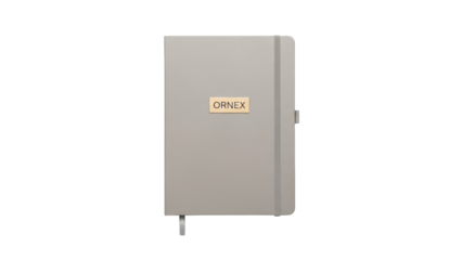A gray notebook with the ORNEX logo on the cover is placed on a transparent background for business use