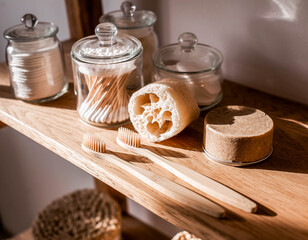 Eco-Friendly Bathroom Essentials on Wooden Shelf