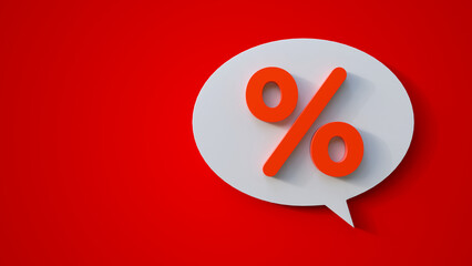 White speech or chat bubble with red percent icon on a red background. Percentage, discount, sale, promotion concept with space for text. Percentage symbol in a speech bubble.