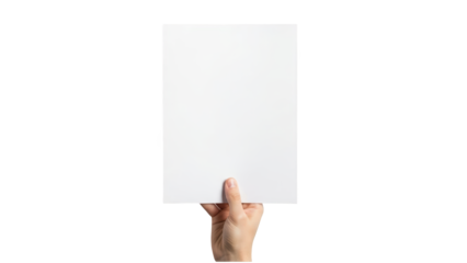 A hand holding a blank white sign on transparent background for advertising or presentation purposes