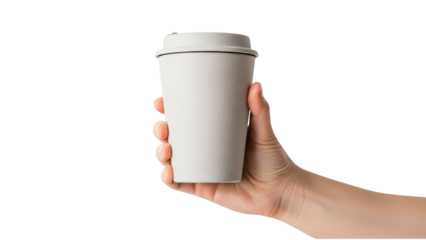 A hand holding a white paper coffee cup on transparent background
