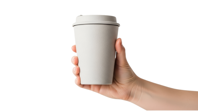 A hand holding a white paper coffee cup on transparent background - Powered by Adobe