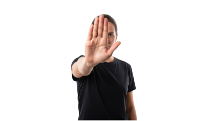 A man in a black t-shirt shows a stop gesture on transparent background