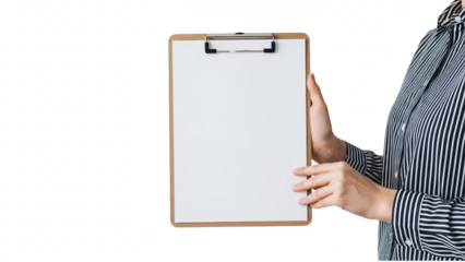 A person in a striped shirt holding a blank clipboard on transparent background