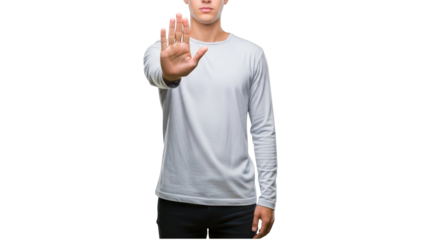 A man in a white shirt showing a stop gesture on transparent background