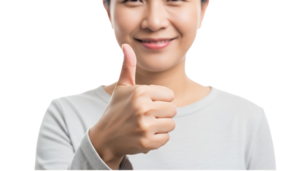 A smiling Asian woman giving a thumbs up on transparent background