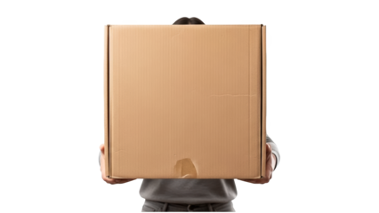 A person holding a large cardboard box on transparent background