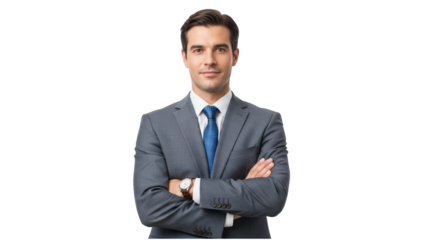 A confident businessman standing with his arms crossed on transparent background
