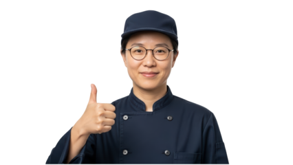 A smiling Asian chef giving a thumbs up on transparent background