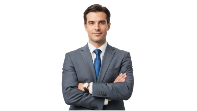 A confident businessman standing with his arms crossed on transparent background - Powered by Adobe