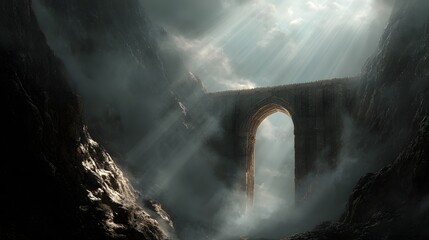 Mystische Ruinen im Lichtstrahl unter dunklen Wolken
