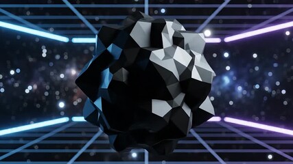 A mesmerizing abstract geometric low poly object rotates gracefully within a vibrant neon grid tunnel surrounded by shimmering particles in a futuristic digital cyberspace evoking themes of technolog. - Powered by Adobe