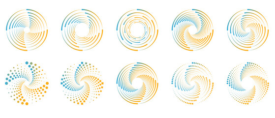 Abstract Halftone spiral pattern set with blue yellow radial dots and abstract symmetry, vector and png File