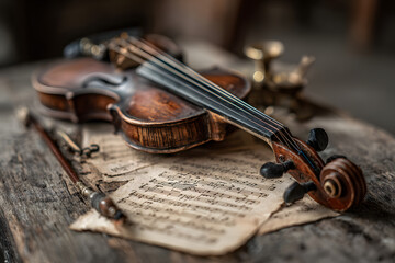 classic retro violin music string instrumt with old music note sheet paper old oak wood wooden background. classical musical romantic valentines day concept.