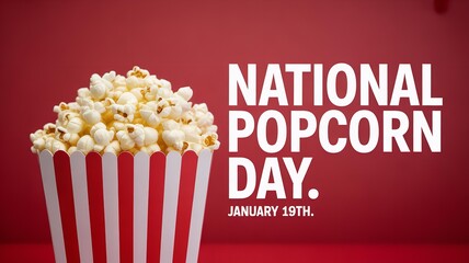 Celebrating national popcorn day with a full striped bucket of freshly popped kernels against a festive red background