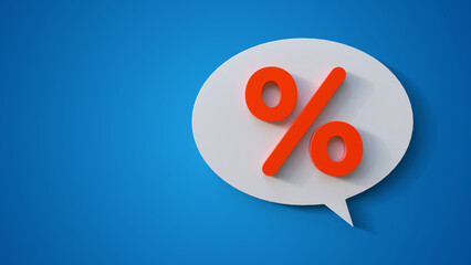 White speech or chat bubble with red percent icon on a blue background. Percentage, discount, sale, promotion concept with space for text. Percentage symbol in a speech bubble.