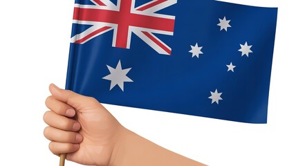 Patriotic display features a hand proudly holding the flag of australia against a clean white backdrop, symbolizing national pride