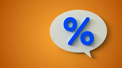 White speech or chat bubble with blue percent icon on a yellow background. Percentage, discount, sale, promotion concept with space for text. Percentage symbol in a speech bubble.