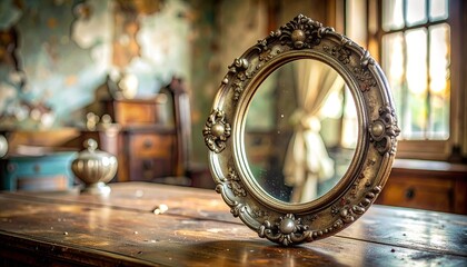 Ornate oval mirror with antique silver frame resting on a polished wooden table reflecting a sunlit room with old furniture and patterned wallpaper