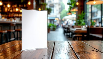 Fototapeta premium Blank menu display on wooden table in bar restaurant with blurred background. White acrylic frame with copy space, warm cozy ambiance, ideal for menu or branding presentation.