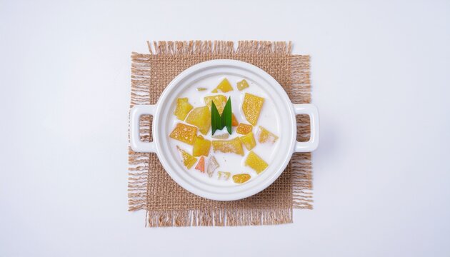 Traditional Indonesian kolak dessert served in white bowl, featuring banana and sweet coconut milk. Top view food photography with minimalist background and copy space.
