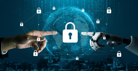 A human hand and a robotic hand touching near a digital lock icon against a global background, symbolizing the integration of artificial intelligence and cybersecurity in modern technology. Gantry