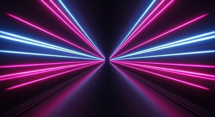 Symmetrical neon light trails streak outward from a central vanishing point on a dark reflective surface.