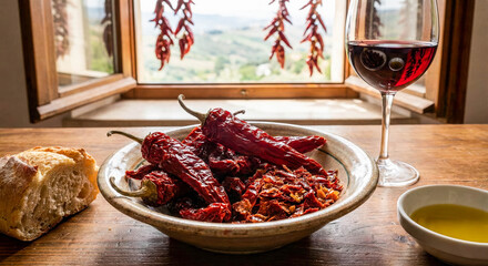 Rustic Table with Dried Peppers and Wine