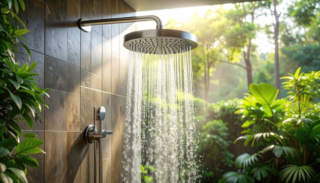 Outdoor Shower with Water Cascading on Dark Tiles Surrounded by Lush Greenery and Sunlight Filtering Through Leaves
