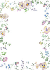 
Watercolor pansies and viola wildflowers floral frame. Botanical background. Hand drawn illustration.

