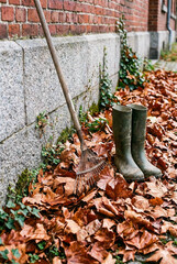 Garden Rake and Rubber Boots on Dry Autumn Leaves