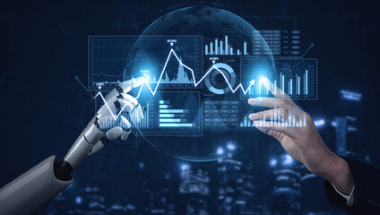 Visualize the synergy of human and artificial intelligence in analyzing data trends, representing modern technology role in enhancing business strategies and decision-making. Scalp