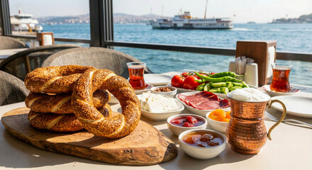 Traditional Turkish breakfast with simit and tea