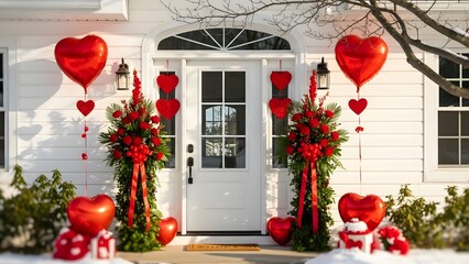 Obraz premium Romantically decorated white house with heart balloons and red flowers for valentine's day