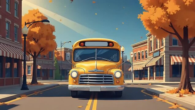 Yellow school bus driving down a street with autumn trees and brick buildings