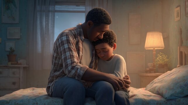 Father hugging sad child on bed. African American man comforting young boy in cozy bedroom with lamp light, family support and parenting care, home lifestyle.